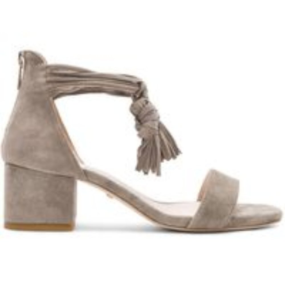 RAYE Carli Heel light gray suede tassel sandals